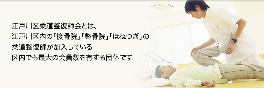 江戸川区柔道整復師会とは、江戸川区内の「接骨院」「整骨院」「ほねつぎ」の
柔道整復師が加入している区内でも最大の会員数を有する団体です